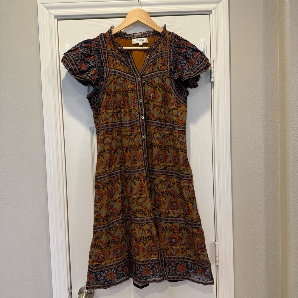 Sea New York Rosita Tunic Dress Women’s S Brown Floral Ruffle Feminine Cotton - Picture 2 of 10
